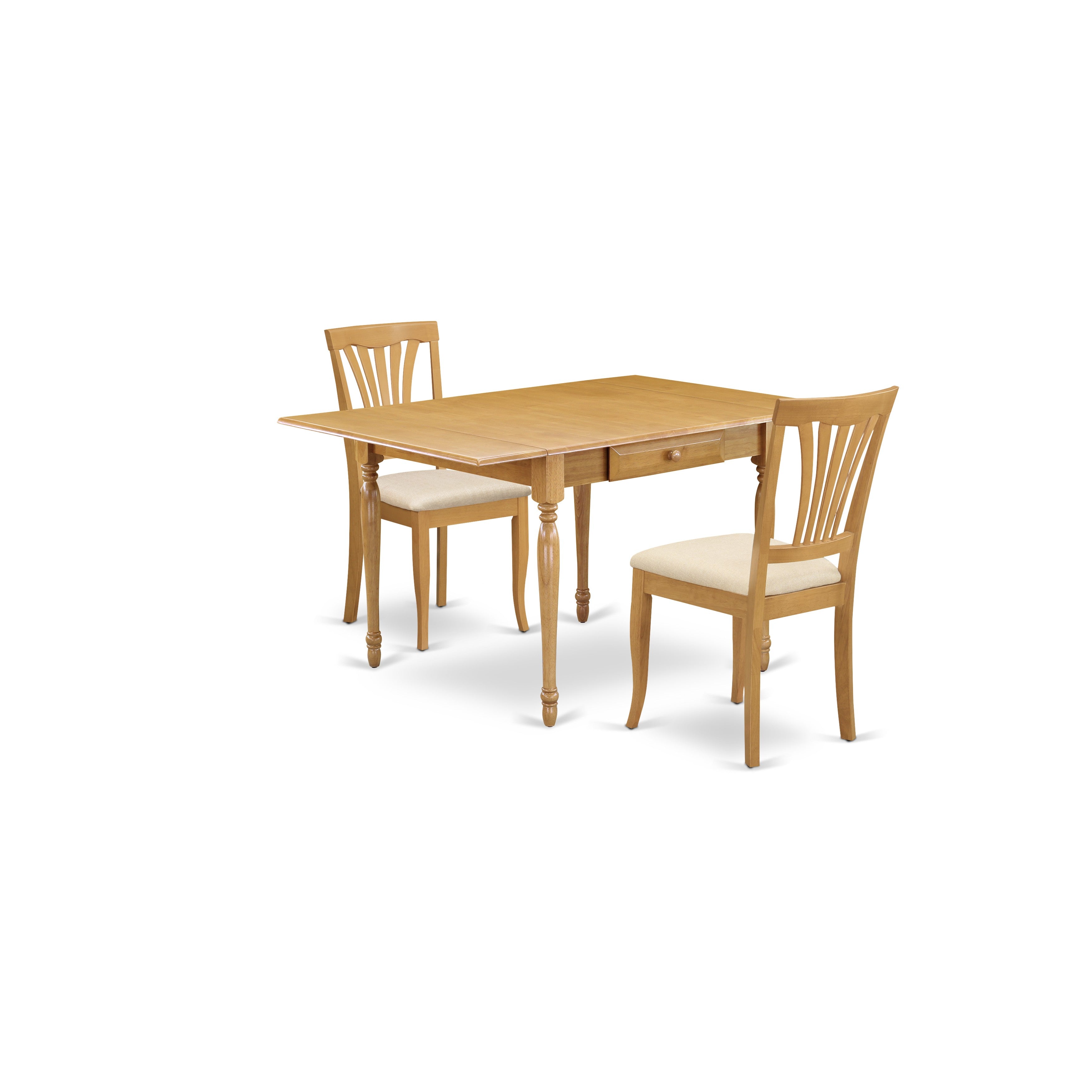 Juego de comedor de 3 piezas East West Furniture MZAV3-OAK-C. Incluye una mesa de cocina rectangular con alas abatibles y dos sillas de comedor tapizadas en tela de lino.