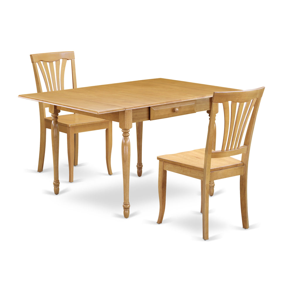 Juego de mesa de comedor de 3 piezas East West Furniture MZAV3-OAK-W. Incluye una mesa de cocina rectangular con alas abatibles y 2 sillas de comedor.