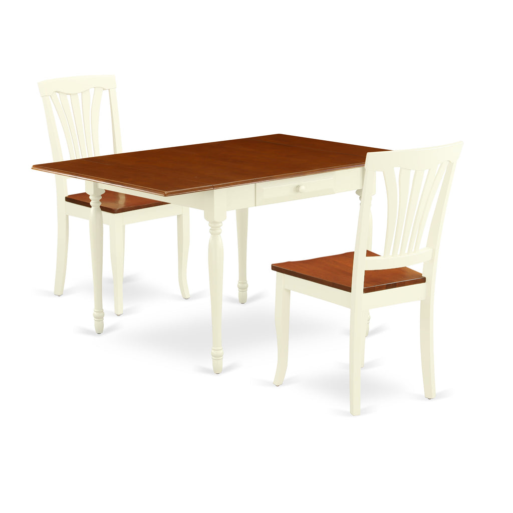 Juego de mesa de comedor de 3 piezas East West Furniture MZAV3-WHI-W para espacios pequeños. Incluye una mesa de comedor rectangular con alas abatibles y dos sillas con asiento de madera.