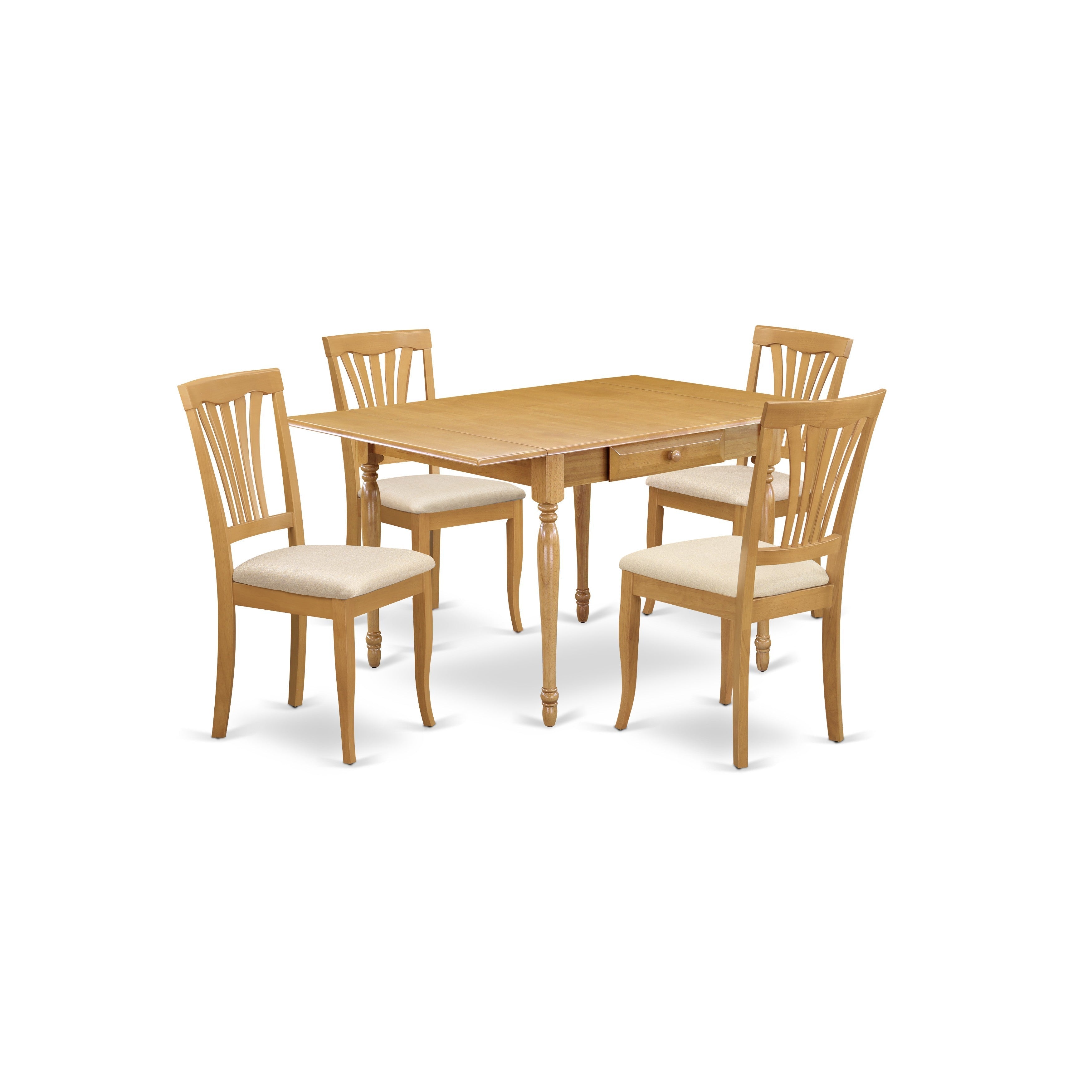 Juego de comedor de 5 piezas East West Furniture MZAV5-OAK-C para 4 personas. Incluye una mesa de comedor rectangular con alas abatibles y 4 sillas de comedor de cocina de tela de lino.