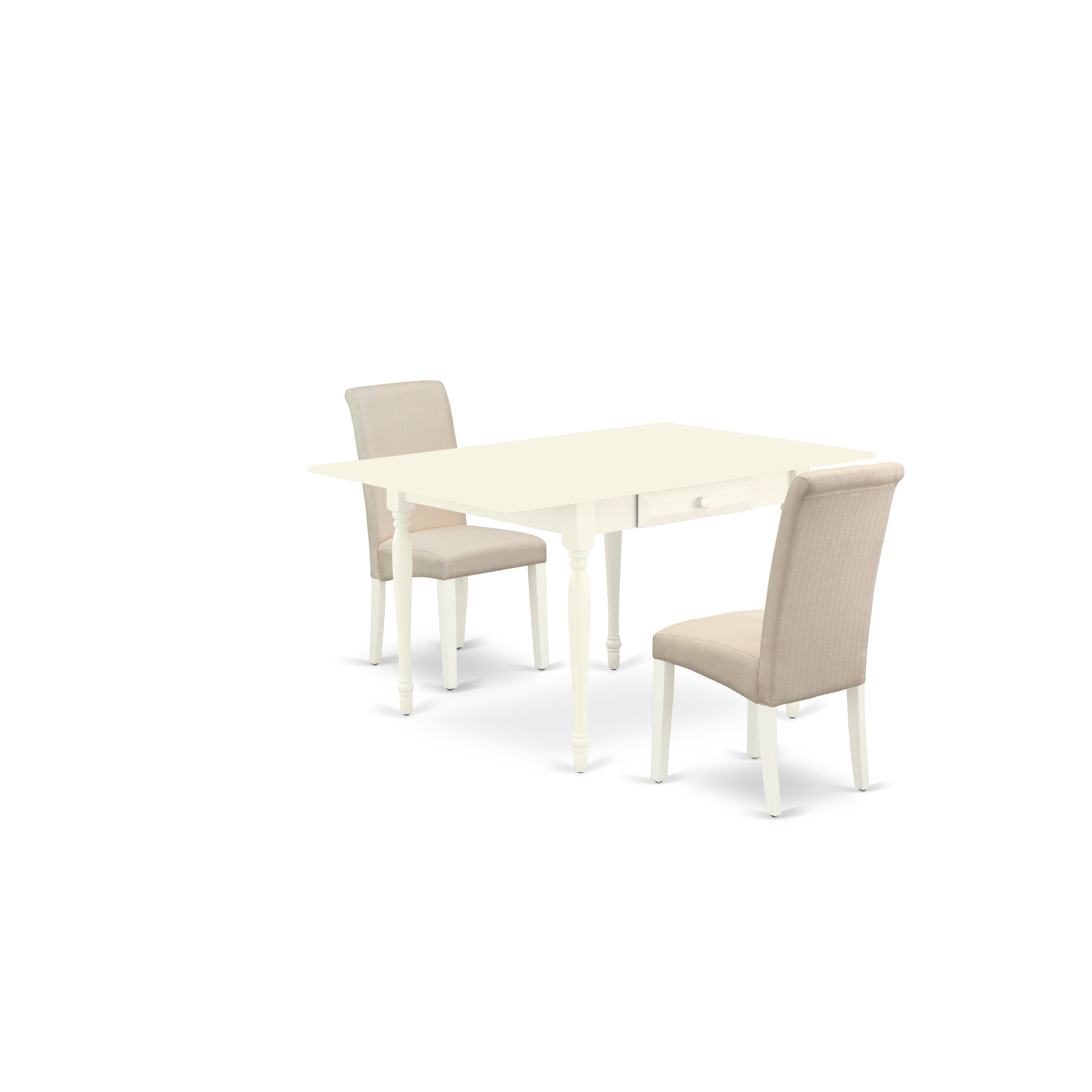 Juego de mesa de comedor de 3 piezas East West Furniture MZBA3-LWH-01. Incluye una mesa de cocina rectangular con alas abatibles y dos sillas de comedor Parson de tela de lino color crema.