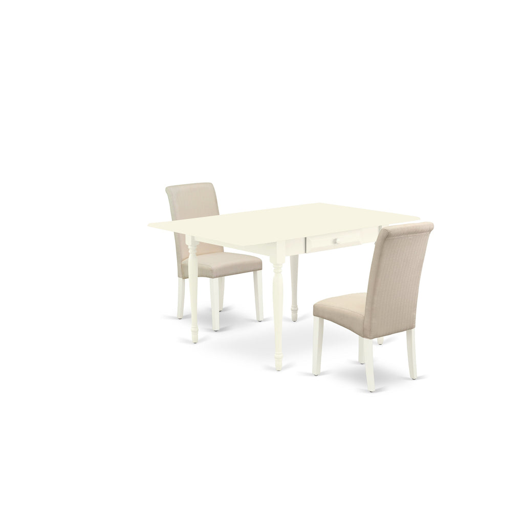 Juego de mesa de comedor de 3 piezas East West Furniture MZBA3-LWH-01. Incluye una mesa de cocina rectangular con alas abatibles y dos sillas de comedor Parson de tela de lino color crema.