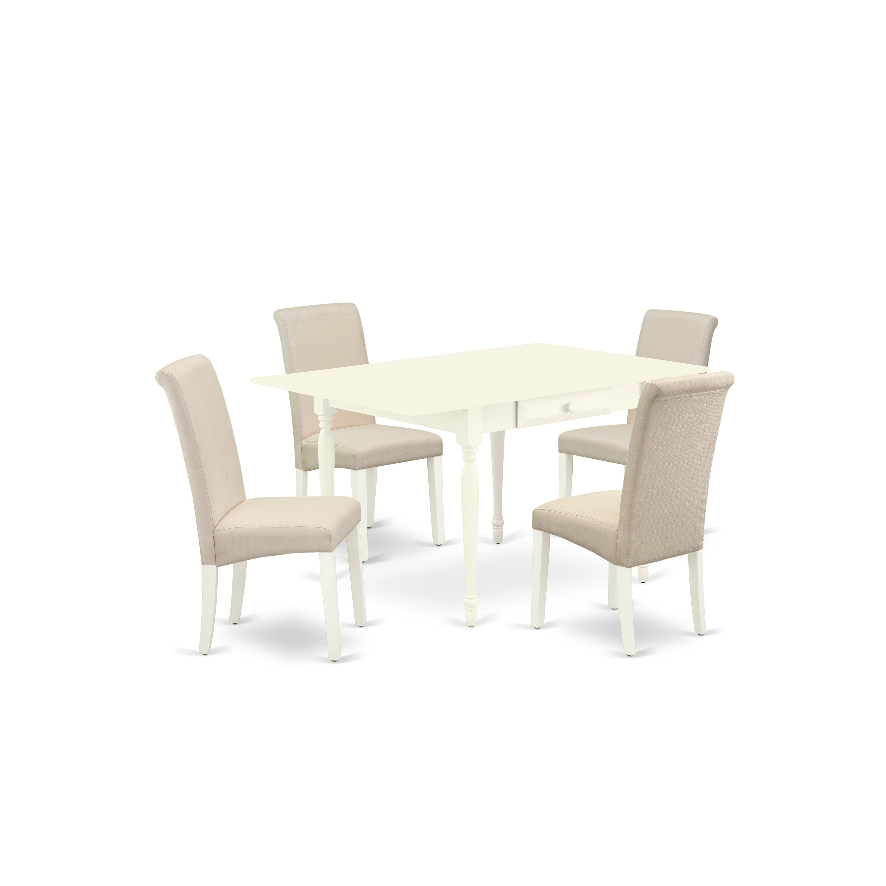 El juego de comedor de 5 piezas East West Furniture MZBA5-LWH-01 incluye una mesa de comedor rectangular con alas abatibles y 4 sillas Parson tapizadas en tela de lino color crema.