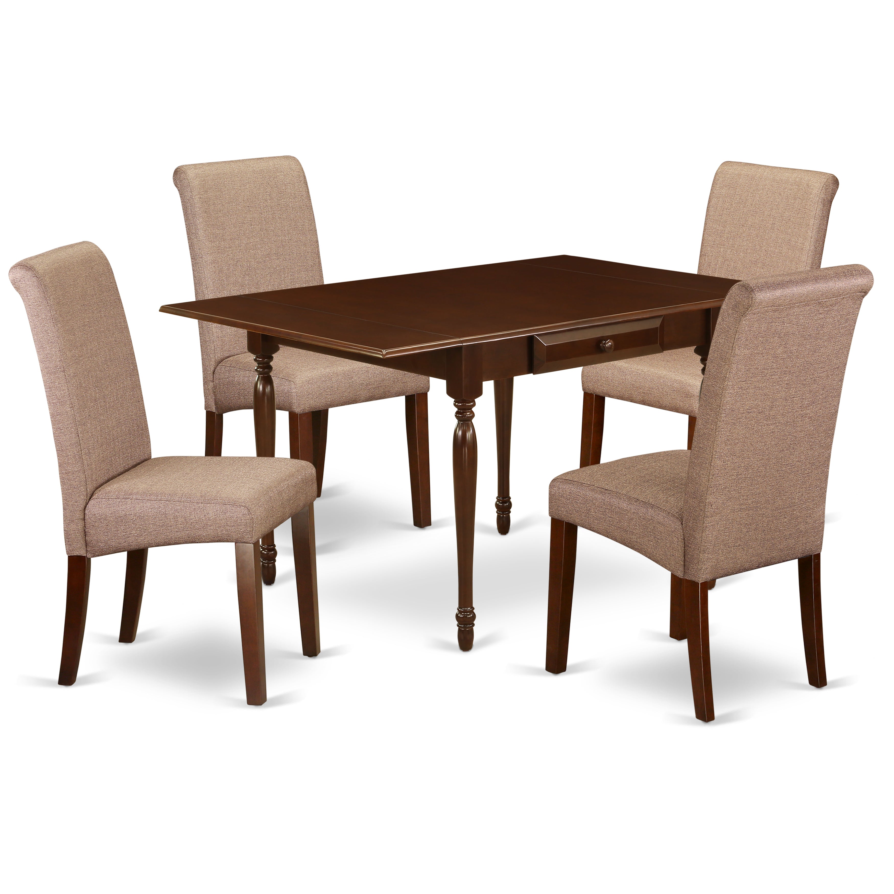 Juego de mesa de comedor East West Furniture MZBA5-MAH-18 de 5 piezas para 4 personas. Incluye una mesa de cocina rectangular con alas abatibles y 4 sillas tapizadas en tela de lino marrón.