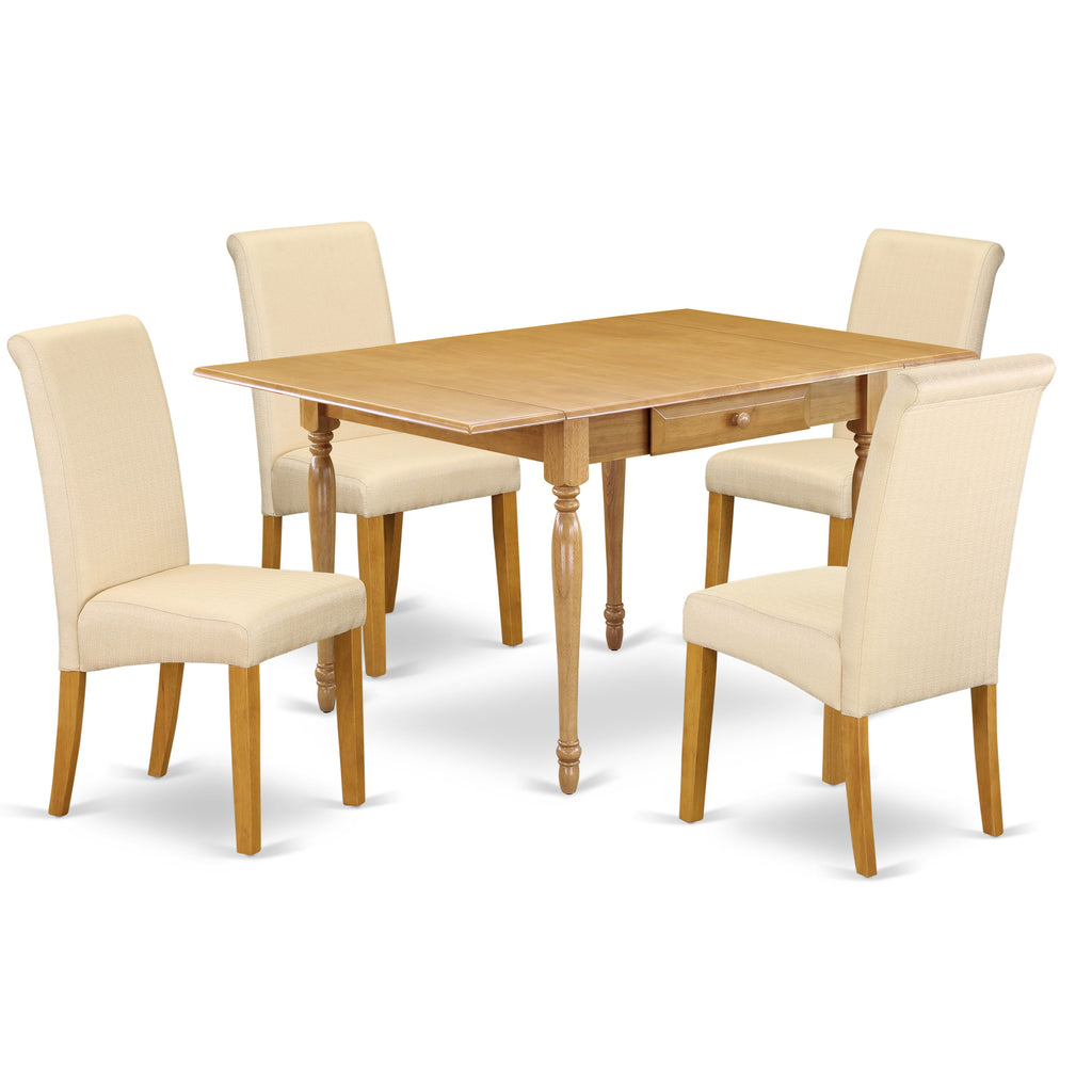 Juego de mesa de cocina de 5 piezas East West Furniture MZBA5-OAK-02 para 4 personas. Incluye una mesa de comedor rectangular con alas abatibles y 4 sillas Parsons de tela de lino beige claro.