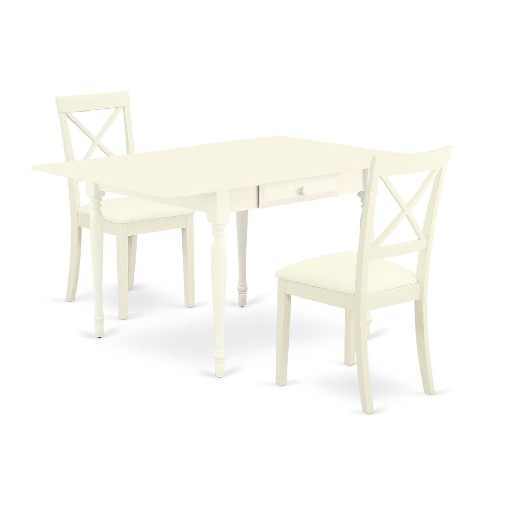 Juego de mesa de comedor de 3 piezas East West Furniture MZBO3-LWH-LC. Incluye una mesa de cocina rectangular con alas abatibles y dos sillas de comedor tapizadas en piel sintética.