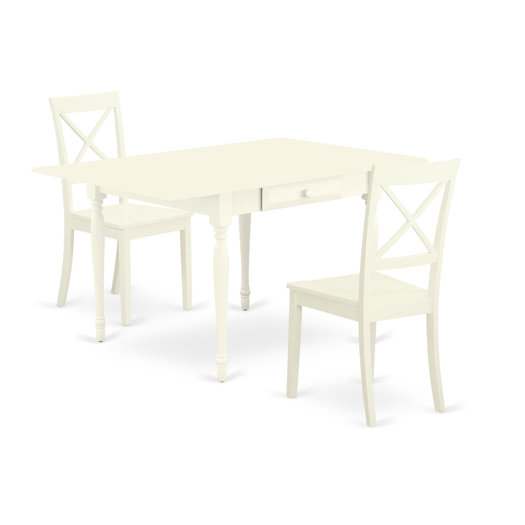 Juego de mesa de comedor de 3 piezas East West Furniture MZBO3-LWH-W para espacios pequeños. Incluye una mesa de comedor rectangular con alas abatibles y dos sillas con asiento de madera.
