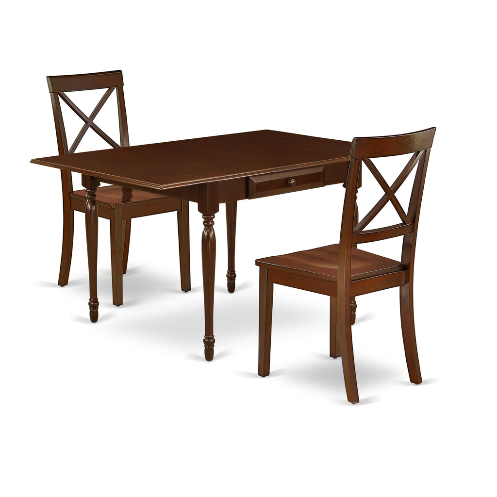 Juego de mesa y sillas de cocina de 3 piezas East West Furniture MZBO3-MAH-W. Incluye una mesa de comedor rectangular con alas abatibles y 2 sillas de comedor.