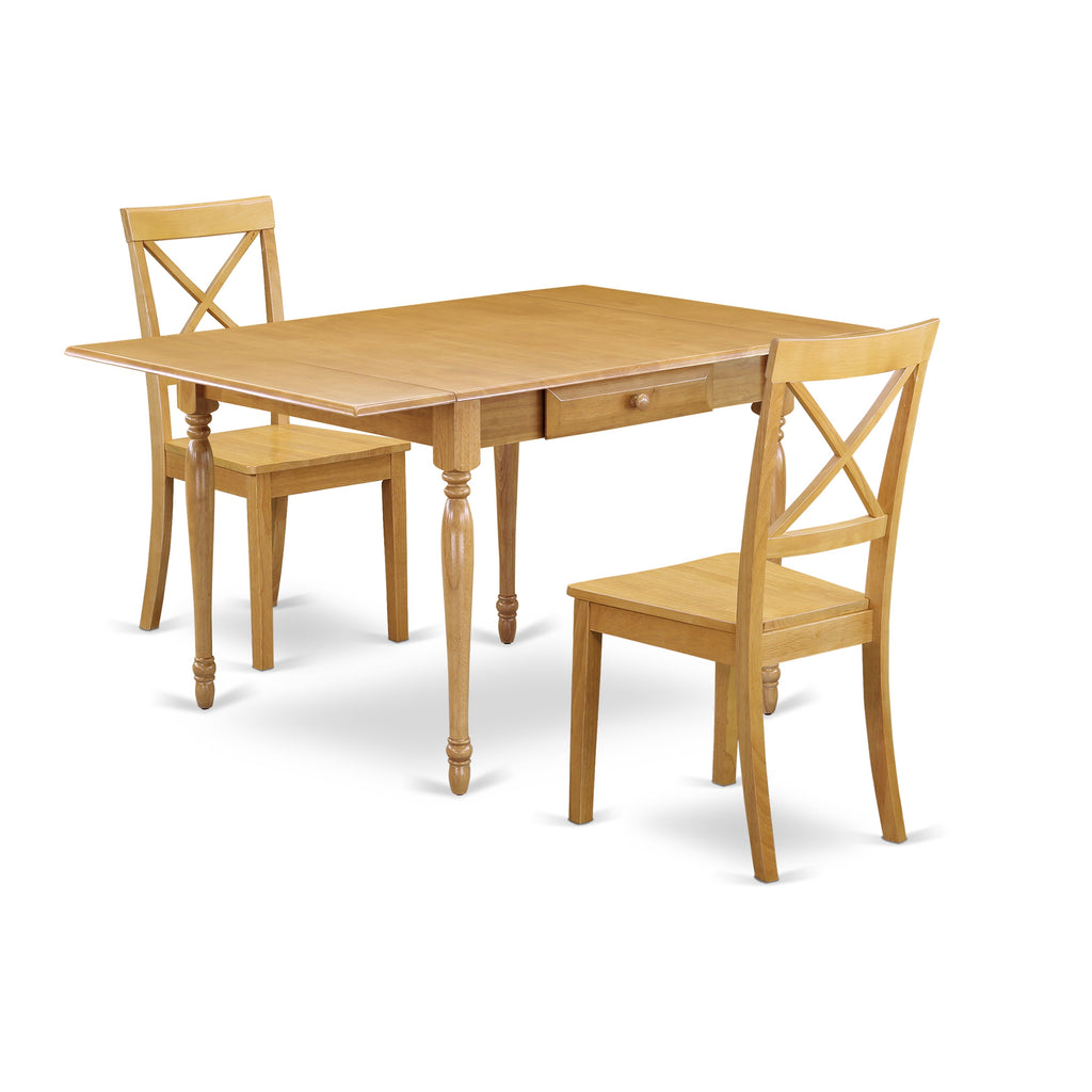 Juego de mesa y sillas de cocina de 3 piezas East West Furniture MZBO3-OAK-W. Incluye una mesa de comedor rectangular con alas abatibles y 2 sillas con asiento de madera maciza.