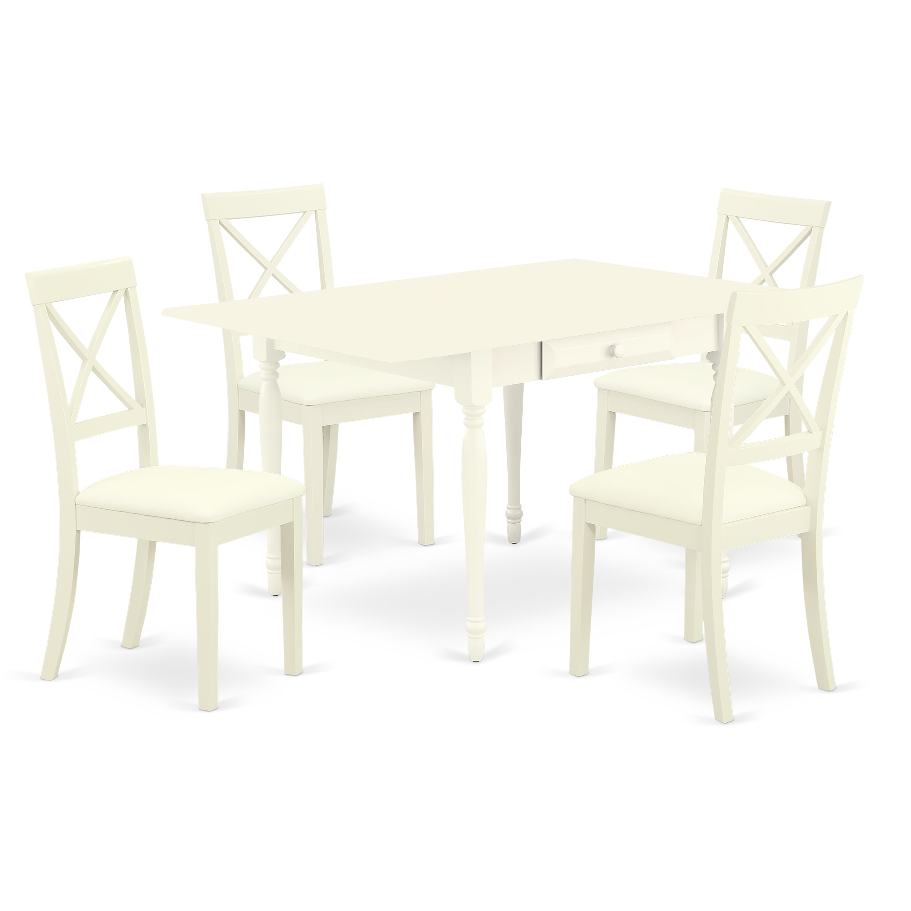 East West Furniture MZBO5-LWH-LC 5Pc Dinette Set Includes a Dining Room Table and 4 Wooden Dining Chairs with Faux Leather Seat, Drop Leaf Table with X Back Chairs, Linen White Finish