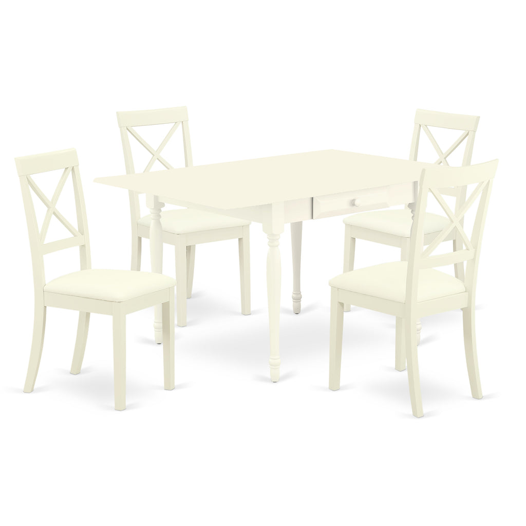 Juego de mesa y sillas de cocina de 5 piezas East West Furniture MZBO5-LWH-LC. Incluye una mesa de comedor rectangular con alas abatibles y 4 sillas tapizadas en piel sintética.