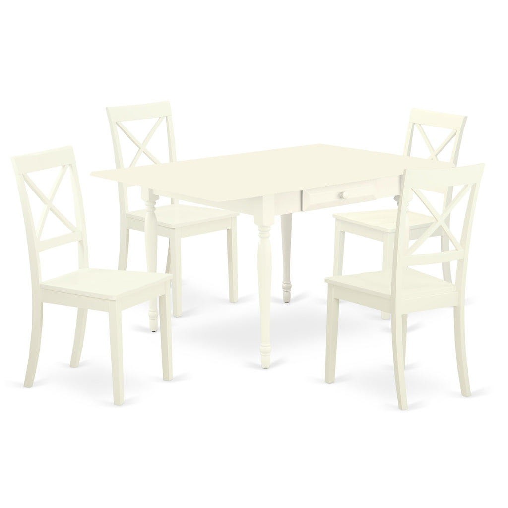 Juego de comedor de 5 piezas East West Furniture MZBO5-LWH-W. Incluye una mesa de comedor rectangular con alas abatibles y 4 sillas con asiento de madera.