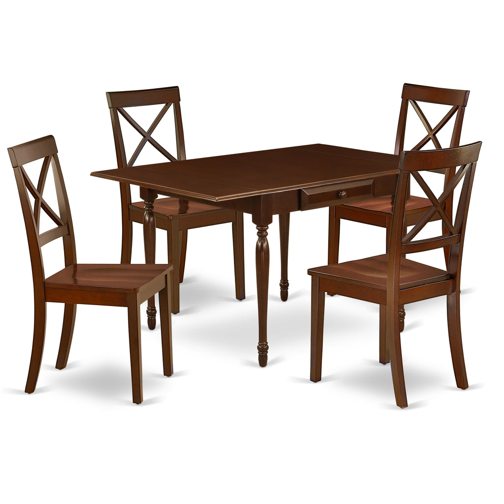 Juego de mesa y sillas de cocina de 5 piezas East West Furniture MZBO5-MAH-W. Incluye una mesa de comedor rectangular con alas abatibles y 4 sillas de comedor.