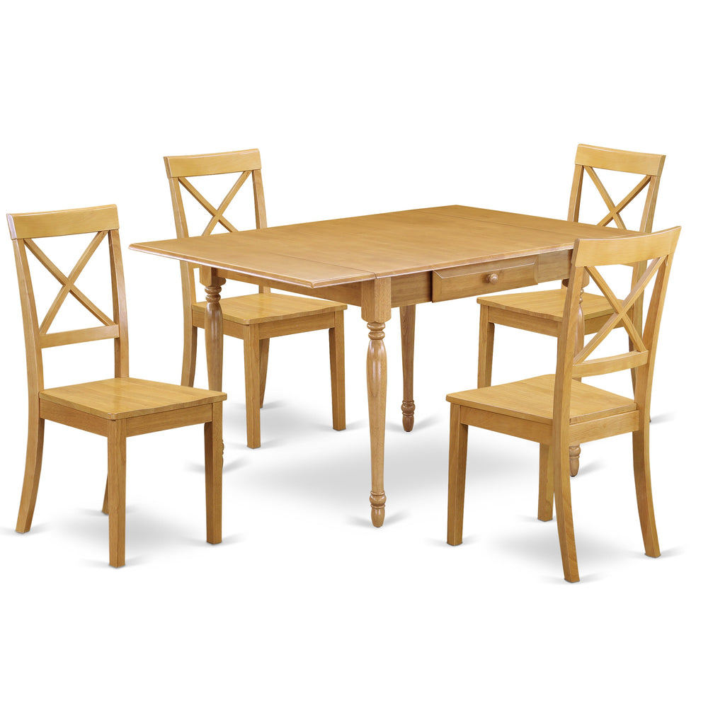 Juego de mesa de cocina de 5 piezas East West Furniture MZBO5-OAK-W para 4 personas. Incluye una mesa de comedor rectangular con alas abatibles y 4 sillas con asiento de madera maciza.