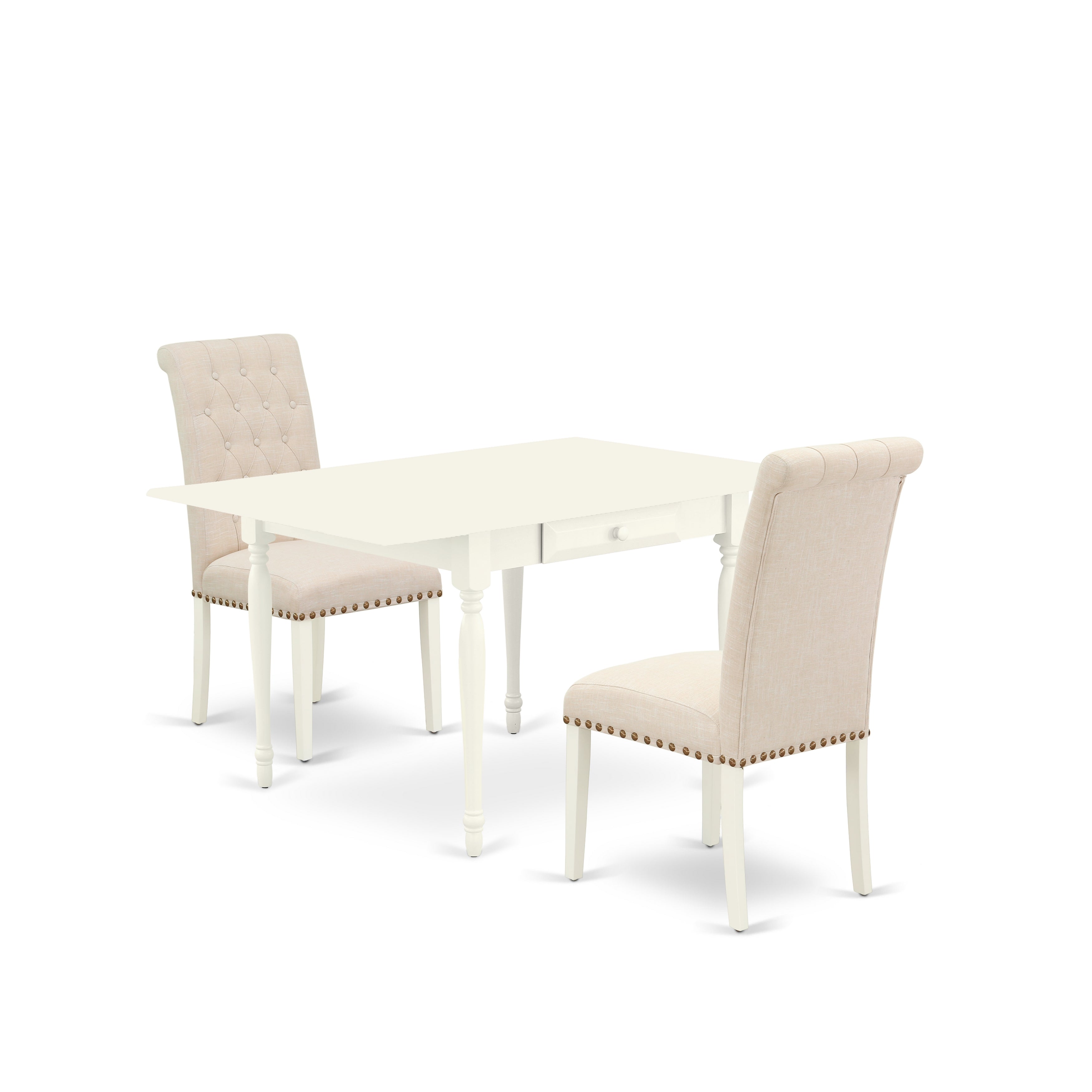 Juego de mesa de comedor de 3 piezas East West Furniture 1MZBR3-LWH-02. Incluye una mesa de cocina y dos sillas Parsons con tela de lino color beige claro, mesa abatible con sillas de respaldo completo y acabado blanco lino.