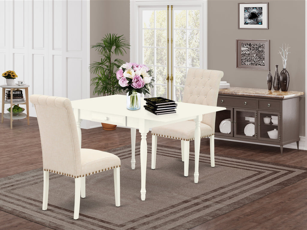 East West Furniture 1MZBR3-LWH-02 3Pc Dining Table Set Contains a Kitchen Table and 2 Parsons Chairs with Light Beige Color Linen Fabric, Drop Leaf Table with Full Back Chairs, Linen White Finish