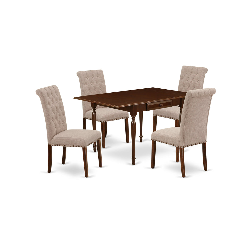 East West Furniture MZBR5-MAH-04 5 Piece Dining Room Furniture Set Includes a Rectangle Dining Table with Dropleaf and 4 Light Tan Linen Fabric Upholstered Chairs
