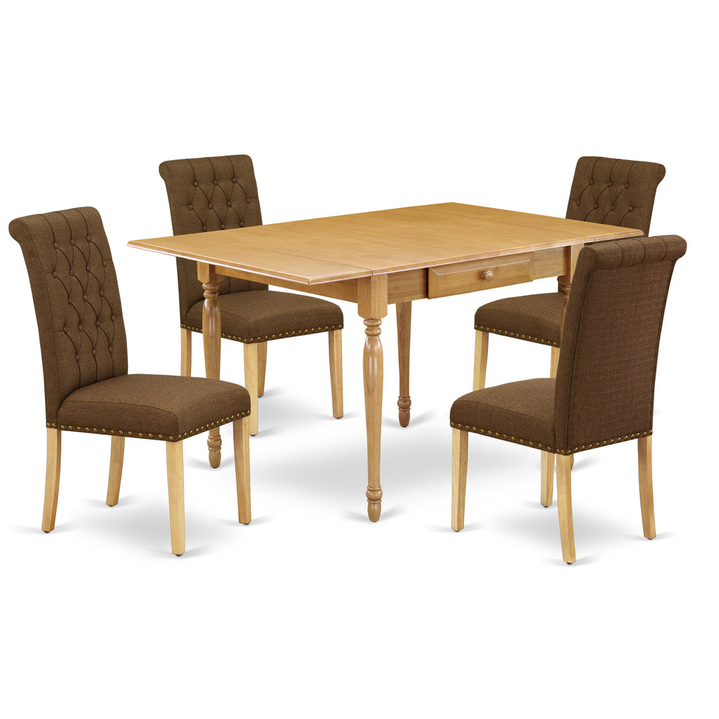 Juego de mesa de comedor East West Furniture MZBR5-OAK-18 de 5 piezas para 4 personas. Incluye una mesa de cocina rectangular con alas abatibles y 4 sillas de comedor Parson de tela de lino marrón.