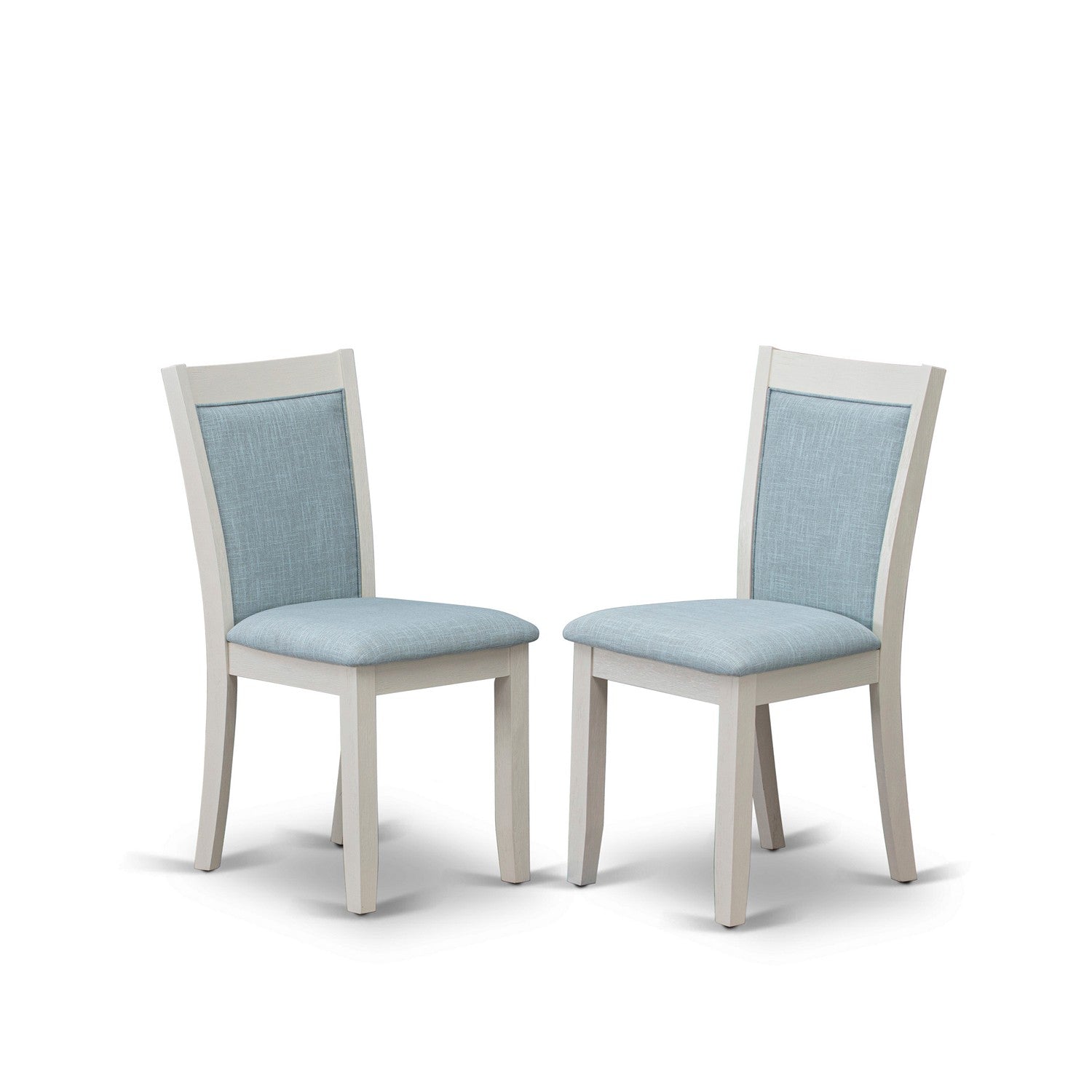 East West Furniture V077MZ015-9 9-Pc Dining Table Set Contains a Modern Table and 8 Baby Blue Linen Fabric Dining Chairs with Stylish Back - Wire Brushed linen white Finish