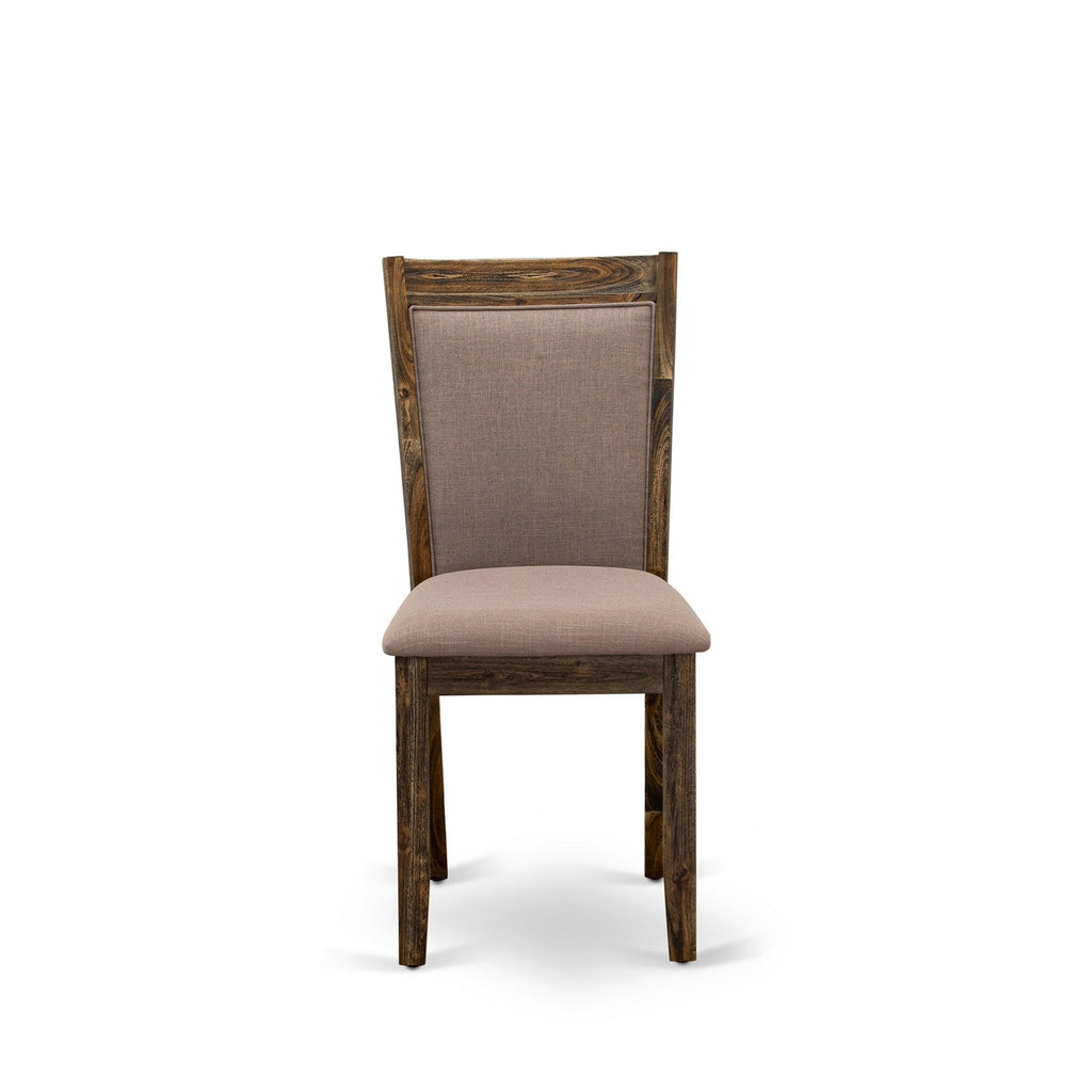 El juego de mesa de comedor moderno de 5 piezas East West Furniture F3MZ5-N04 incluye una mesa redonda de madera con pedestal y 4 sillas Parson tapizadas en tela de lino color tostado claro.