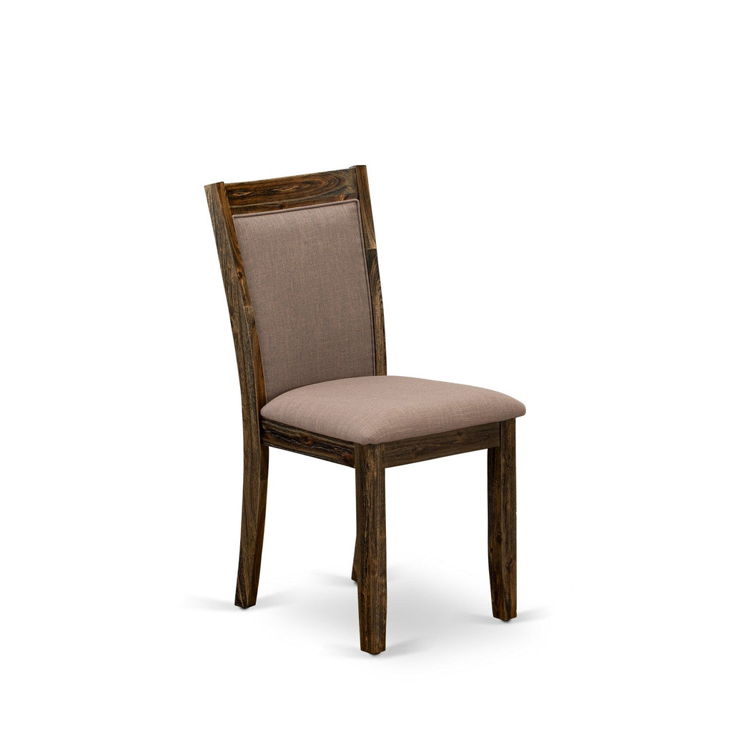 El juego de mesa de comedor moderno de 5 piezas East West Furniture F3MZ5-N04 incluye una mesa redonda de madera con pedestal y 4 sillas Parson tapizadas en tela de lino color tostado claro.