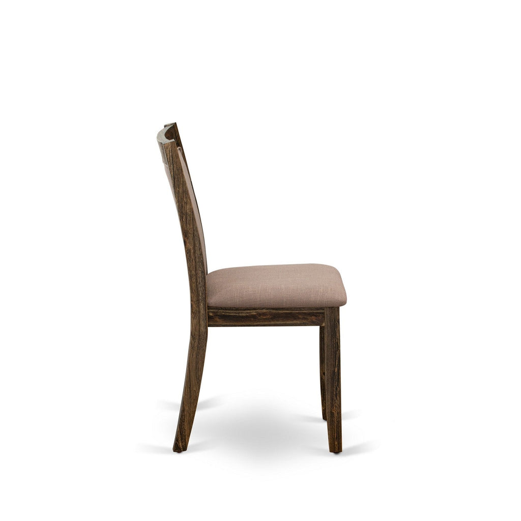 El juego de mesa de comedor moderno de 5 piezas East West Furniture F3MZ5-N04 incluye una mesa redonda de madera con pedestal y 4 sillas Parson tapizadas en tela de lino color tostado claro.