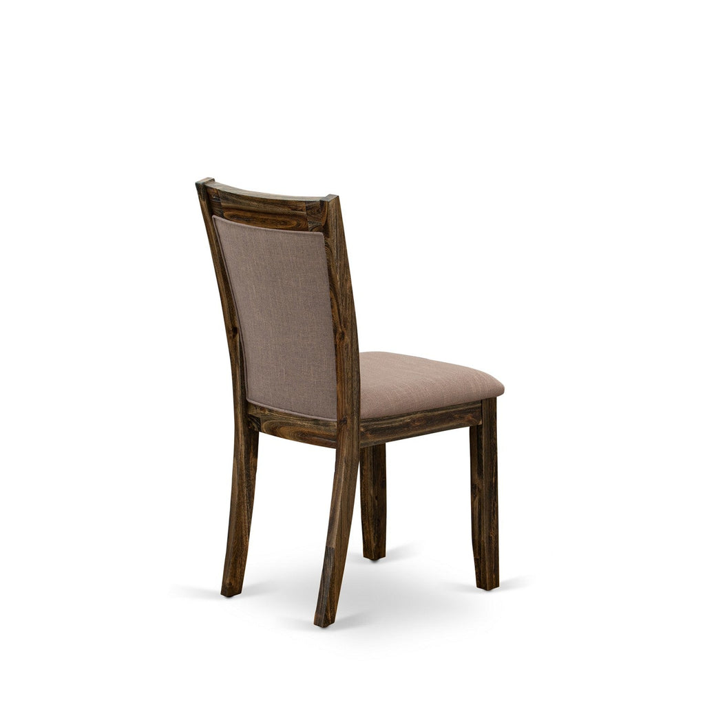 El juego de mesa de comedor moderno de 5 piezas East West Furniture F3MZ5-N04 incluye una mesa redonda de madera con pedestal y 4 sillas Parson tapizadas en tela de lino color tostado claro.