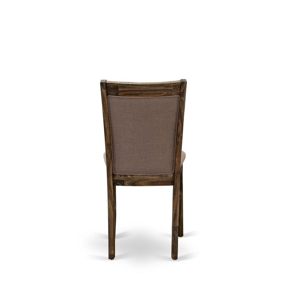 El juego de mesa de comedor moderno de 5 piezas East West Furniture F3MZ5-N04 incluye una mesa redonda de madera con pedestal y 4 sillas Parson tapizadas en tela de lino color tostado claro.
