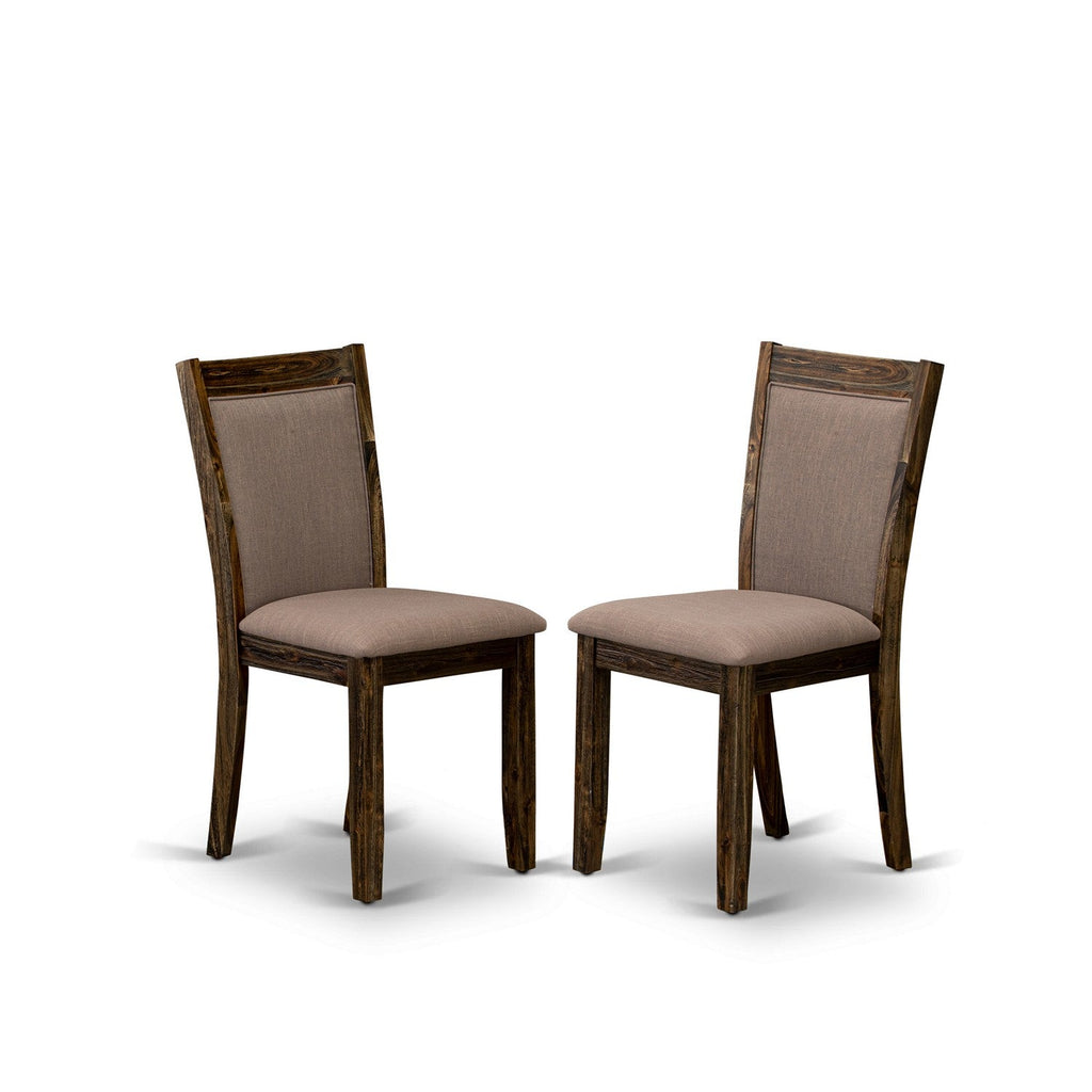 El juego de mesa de comedor moderno de 5 piezas East West Furniture F3MZ5-N04 incluye una mesa redonda de madera con pedestal y 4 sillas Parson tapizadas en tela de lino color tostado claro.