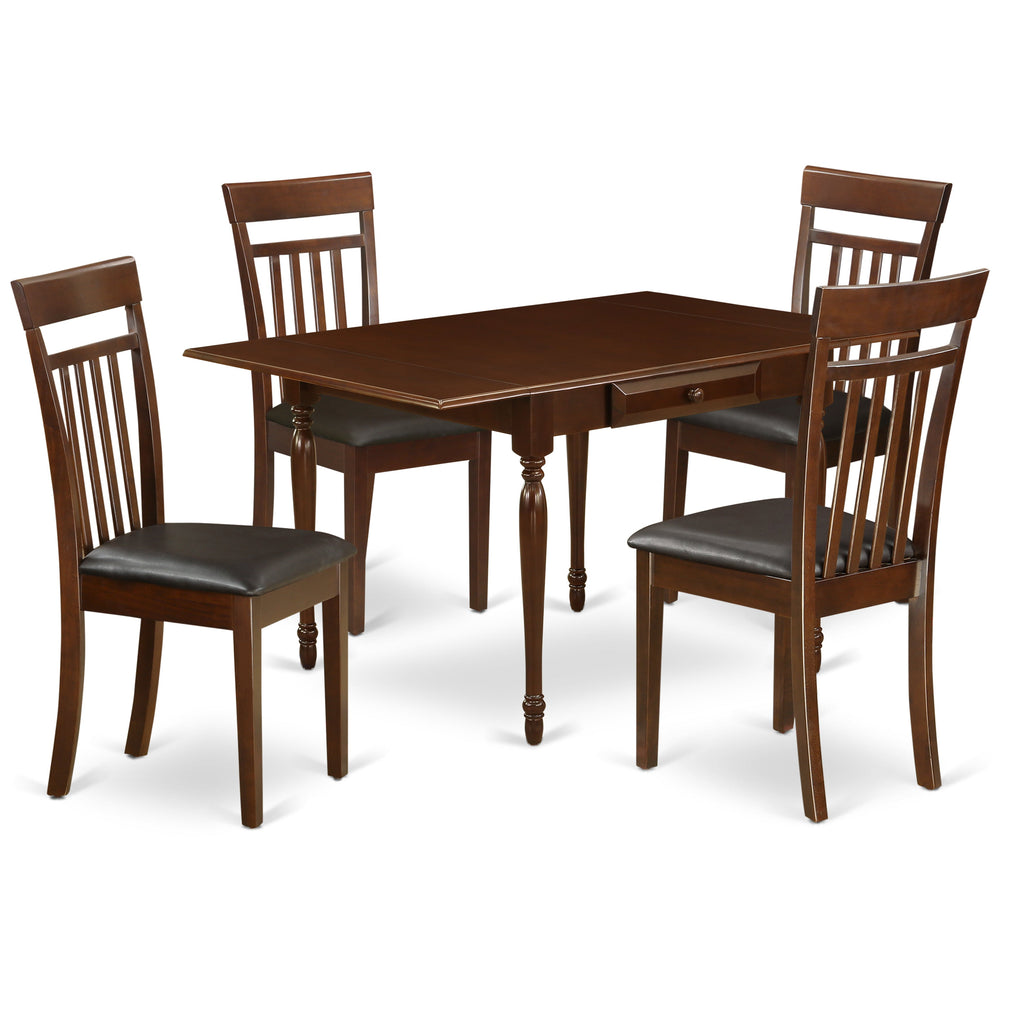 El juego de mesa de comedor moderno de 5 piezas East West Furniture MZCA5-MAH-LC incluye una mesa rectangular de madera con alas abatibles y 4 sillas de comedor de cuero sintético.