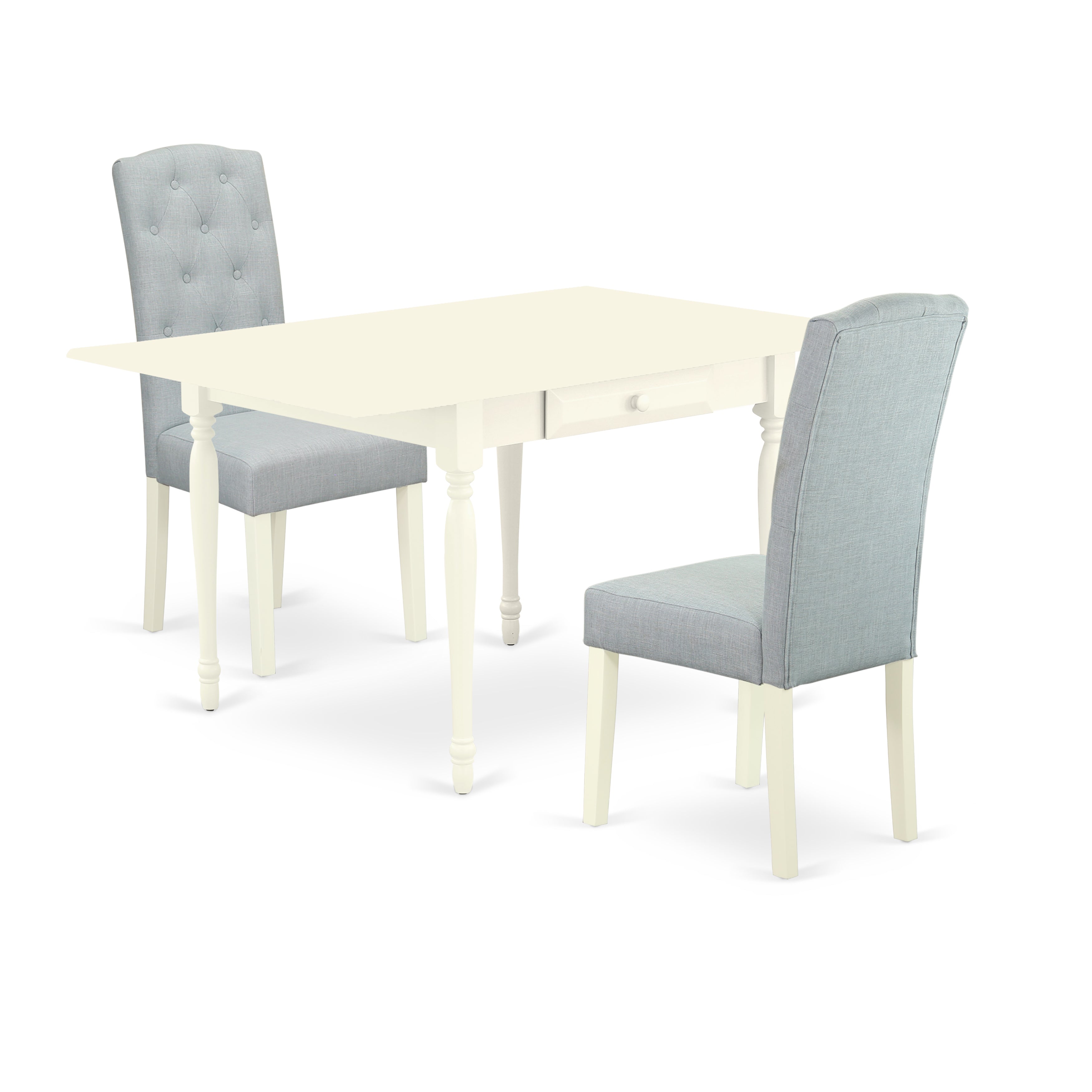 East West Furniture 1MZCE3-LWH-15 3Pc Dining Table Set Contains a Wood Dining Table and 2 Upholstered Dining Chairs with Baby Blue Color Linen Fabric, Drop Leaf Table with Full Back Chairs, Linen White Finish