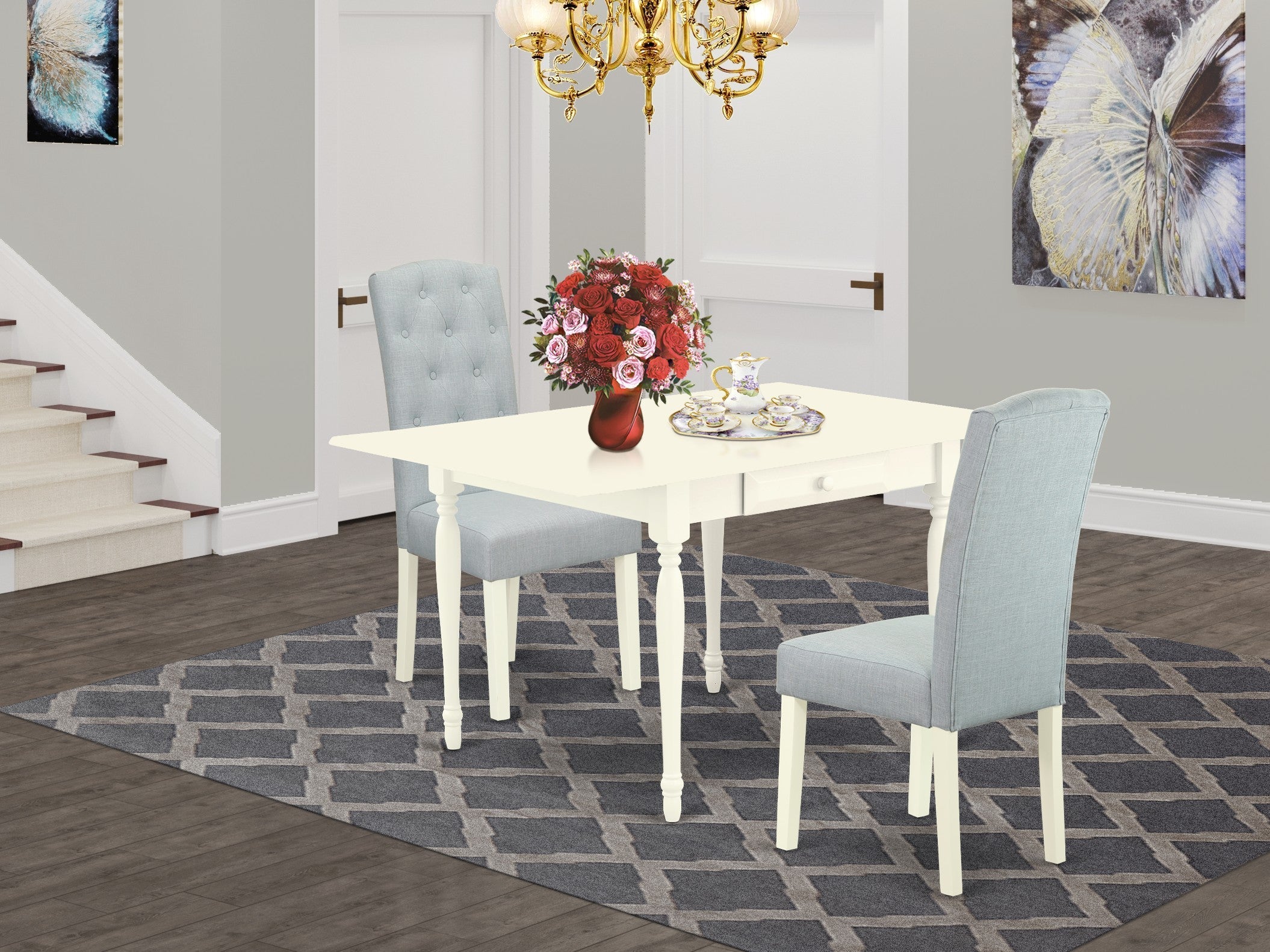 East West Furniture 1MZCE3-LWH-15 3Pc Dining Table Set Contains a Wood Dining Table and 2 Upholstered Dining Chairs with Baby Blue Color Linen Fabric, Drop Leaf Table with Full Back Chairs, Linen White Finish