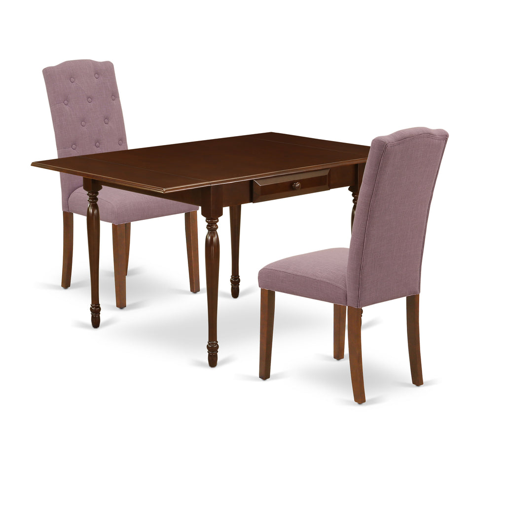East West Furniture 1MZCE3-MAH-10 3Pc Dining Room Table Set Offers a Modern Dining Table and 2 Parsons Dining Chairs with Dahlia Color Linen Fabric, Drop Leaf Table with Full Back Chairs, Mahogany Finish