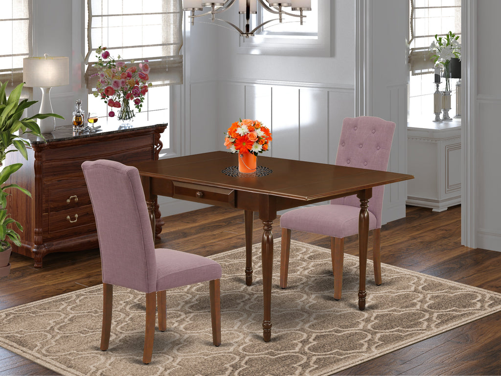 East West Furniture 1MZCE3-MAH-10 3Pc Dining Room Table Set Offers a Modern Dining Table and 2 Parsons Dining Chairs with Dahlia Color Linen Fabric, Drop Leaf Table with Full Back Chairs, Mahogany Finish