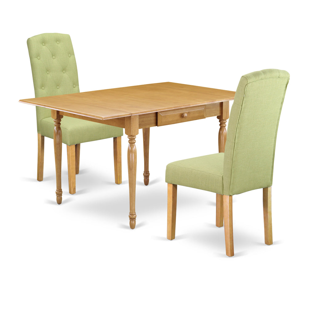 Juego de mesa de comedor moderna de 3 piezas East West Furniture MZCE3-OAK-07. Incluye una mesa rectangular de madera con alas abatibles y dos sillas de comedor Parsons de tela de lino Limelight.