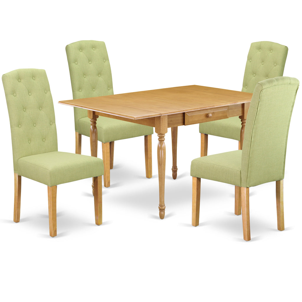Juego de mesa de cocina de 5 piezas East West Furniture MZCE5-OAK-07 para 4 personas. Incluye una mesa de comedor rectangular con alas abatibles y 4 sillas Parsons de tela de lino Limelight.