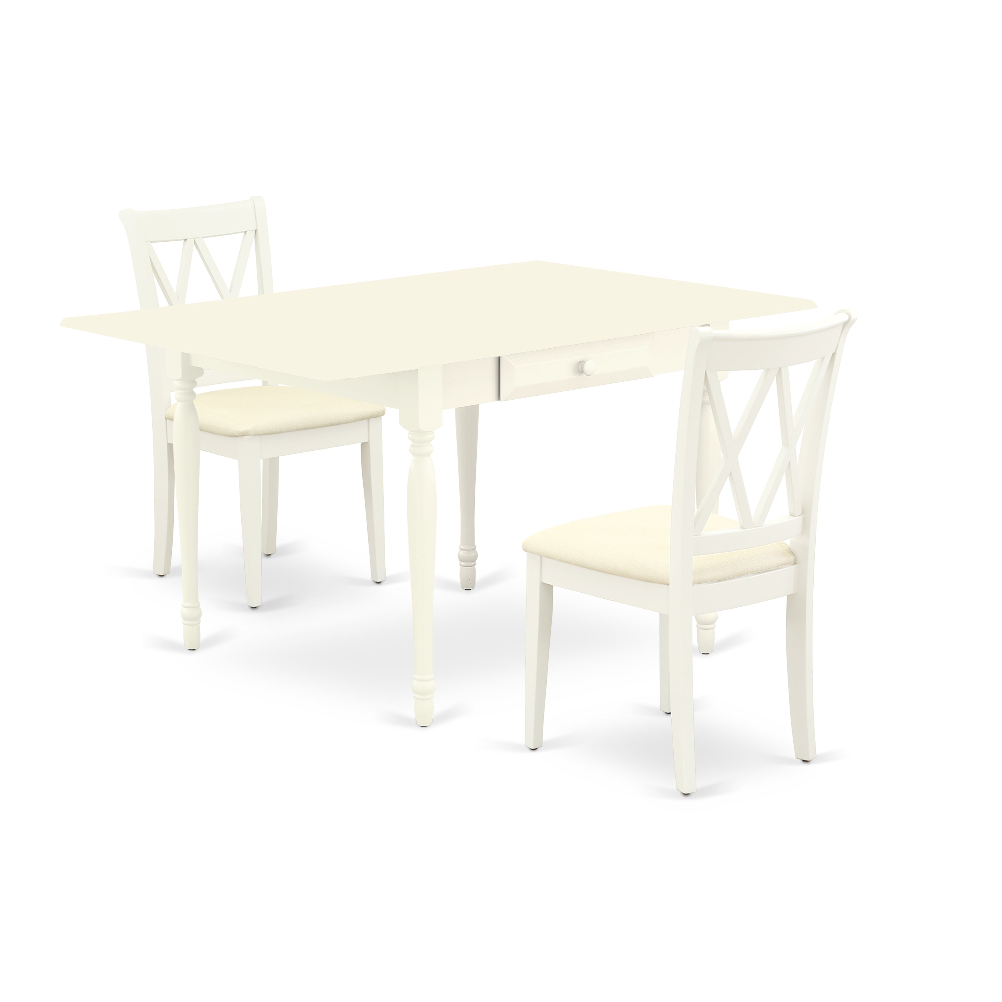 East West Furniture MZCL3-LWH-C 3Pc Dining Table Set Contains a Wood Dining Table and 2 Dining Chairs with Linen Fabic Seat, Drop Leaf Table with Double X Back Chairs, Linen White Finish