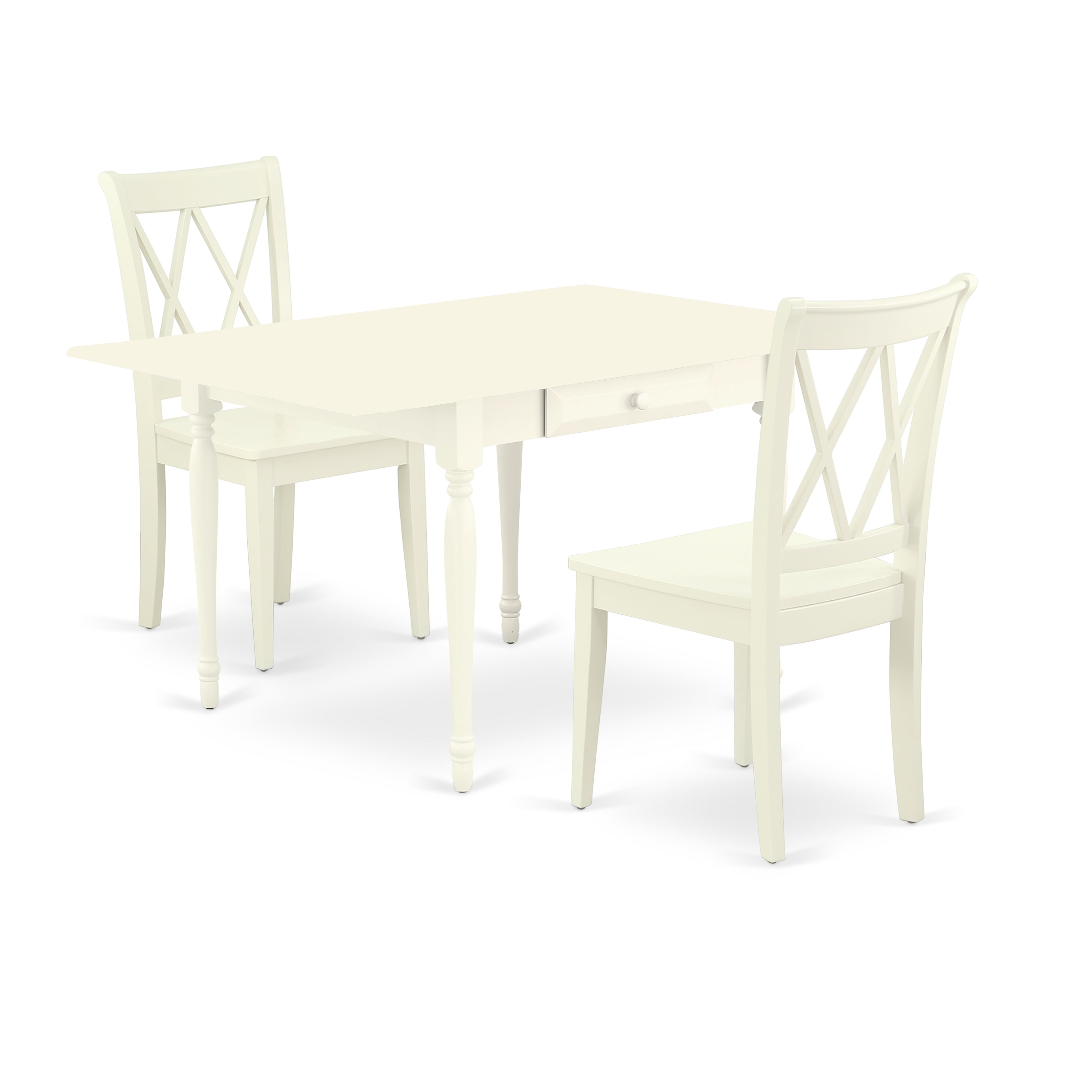 Juego de comedor de 3 piezas East West Furniture MZCL3-LWH-W para espacios pequeños. Contiene una mesa de comedor rectangular con alas abatibles y 2 sillas de comedor.