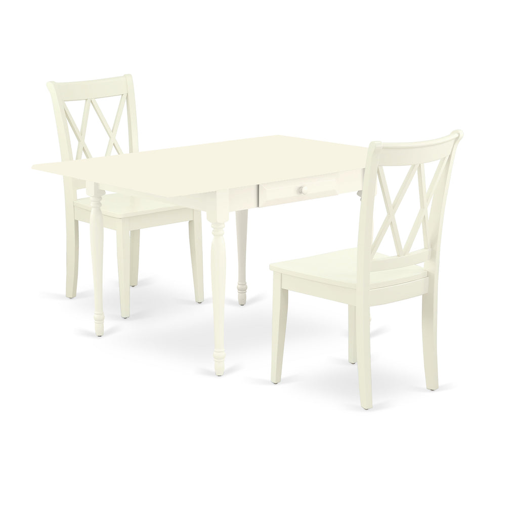 East West Furniture MZCL3-LWH-W 3 Piece Dinette Set for Small Spaces Contains a Rectangle Dining Table with Dropleaf and 2 Dining Chairs