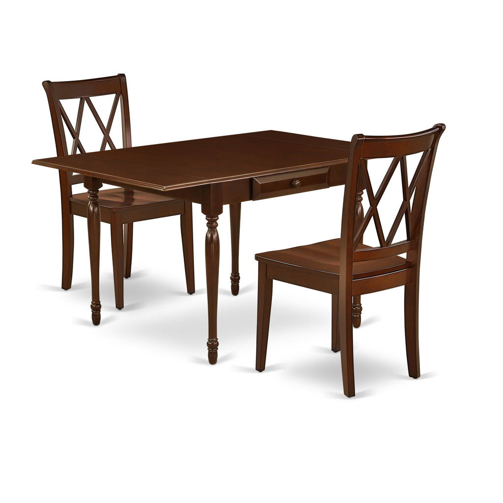 East West Furniture MZCL3-MAH-W 3 Piece Kitchen Table Set for Small Spaces Contains a Rectangle Dining Room Table with Dropleaf and 2 Solid Wood Seat Chairs