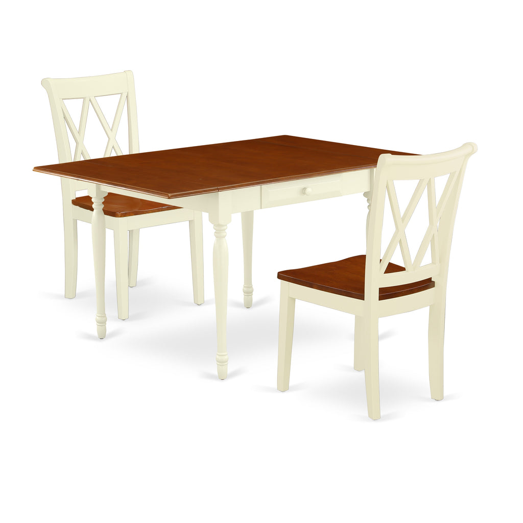 East West Furniture MZCL3-WHI-W 3 Piece Dining Room Table Set  Contains a Rectangle Kitchen Table with Dropleaf and 2 Dining Chairs, 36x54 Inch, Buttermilk & Cherry