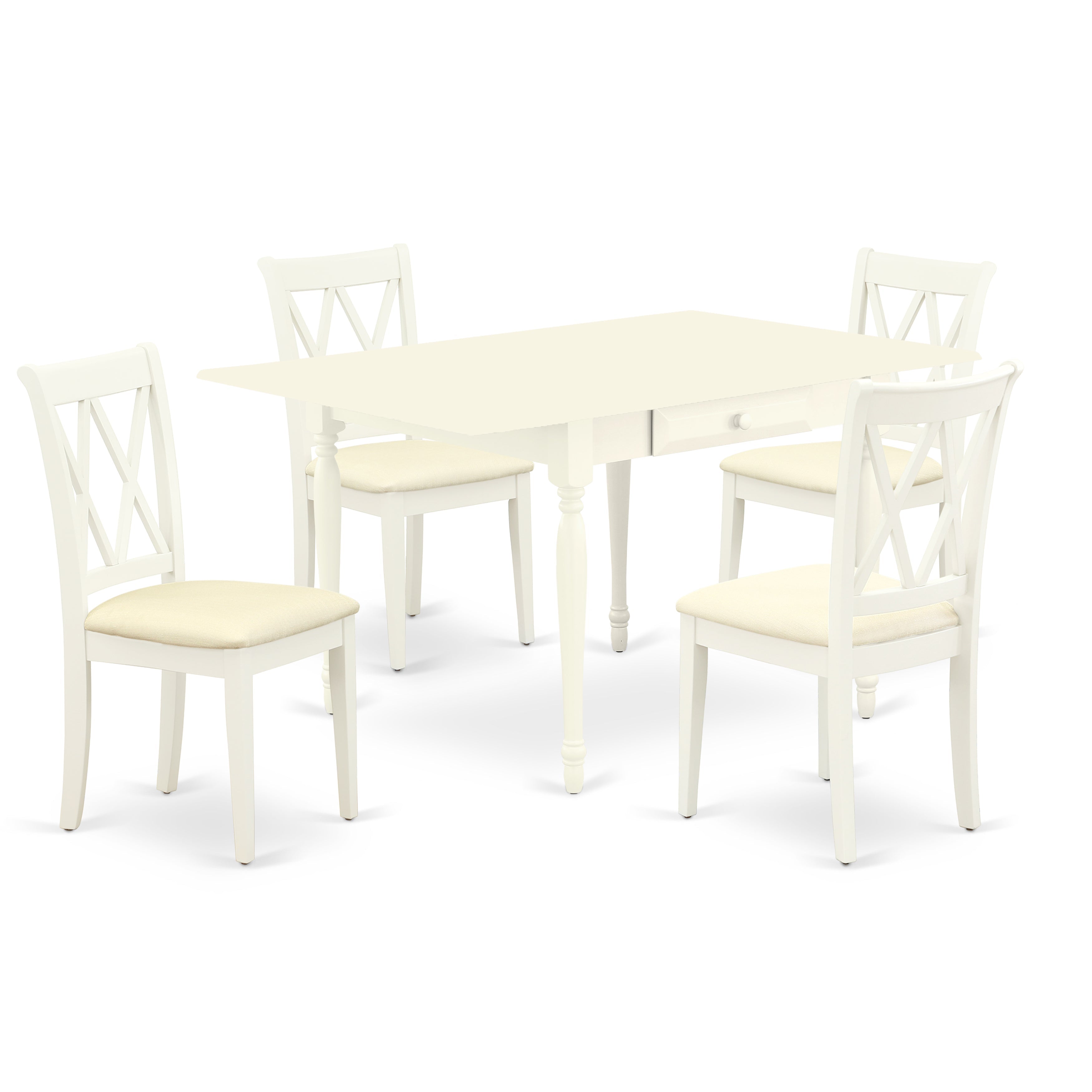 East West Furniture MZCL5-LWH-C 5Pc Kitchen Table Set Includes a Kitchen Table and 4 Modern Dining Chairs with Linen Fabic Seat, Drop Leaf Table with Double X Back Chairs, Linen White Finish