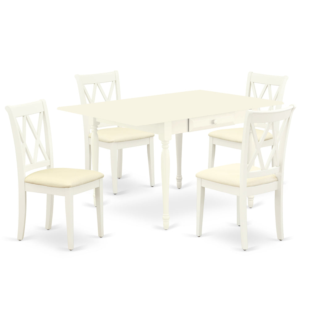 East West Furniture MZCL5-LWH-C 5 Piece Kitchen Table Set for 4 Includes a Rectangle Dining Room Table with Dropleaf and 4 Linen Fabric Upholstered Dining Chairs