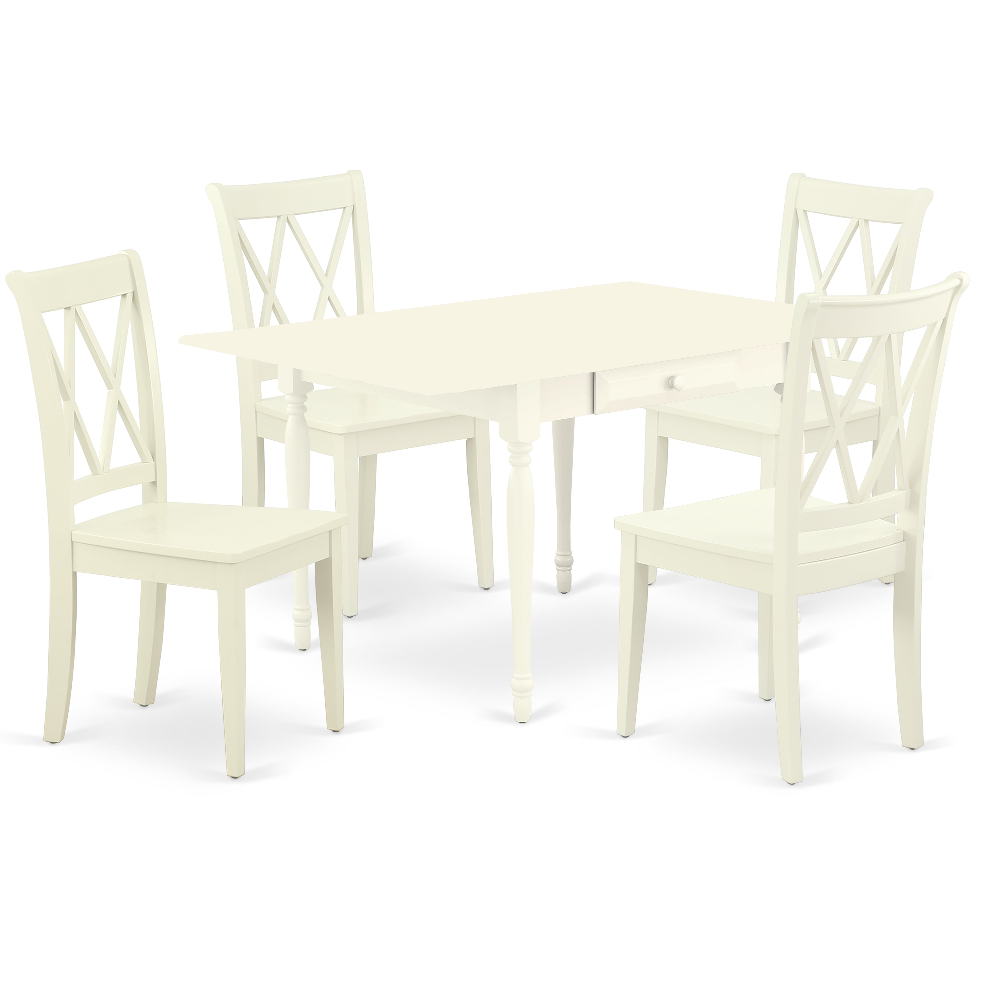 Juego de comedor de 5 piezas East West Furniture MZCL5-LWH-W para 4 personas. Incluye una mesa de comedor rectangular con alas abatibles y 4 sillas de comedor.