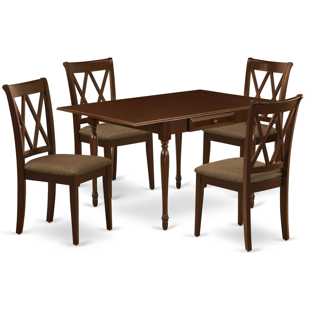 Juego de mesa y sillas de cocina de 5 piezas East West Furniture MZCL5-MAH-C. Incluye una mesa de comedor rectangular con alas abatibles y 4 sillas tapizadas en tela de lino.