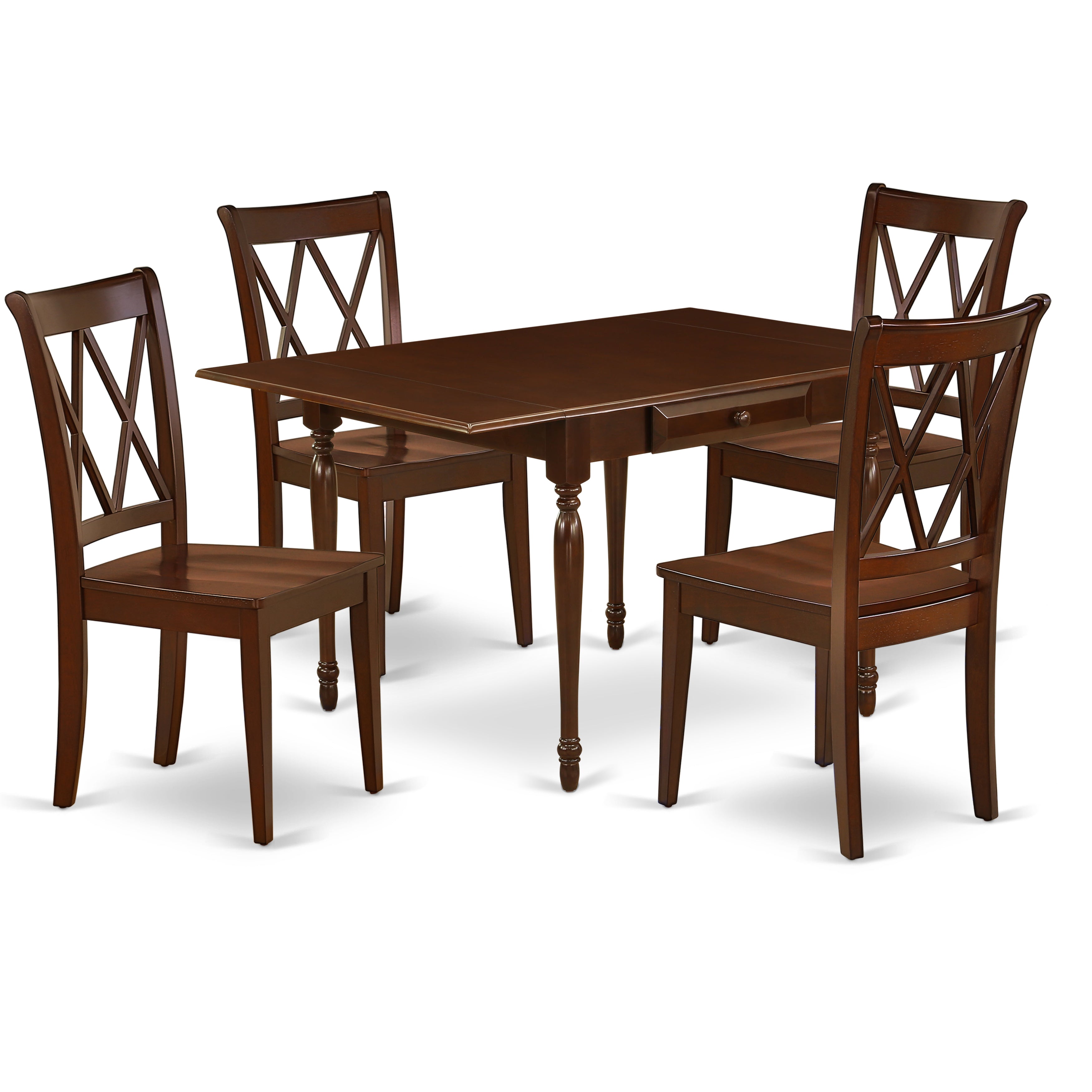 El juego de mesa de comedor de 5 piezas East West Furniture MZCL5-MAH-W incluye una mesa de comedor rectangular con alas abatibles y 4 sillas con asiento de madera.