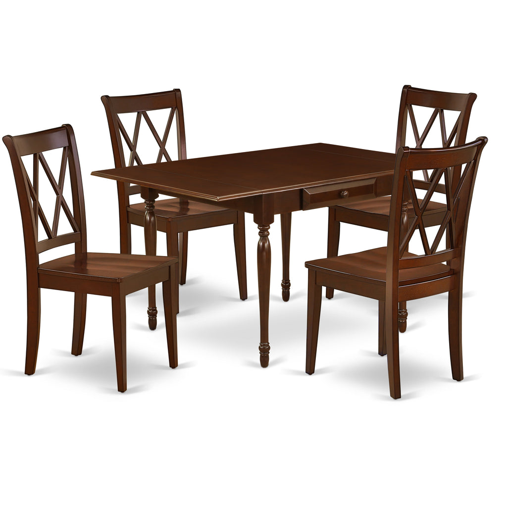 El juego de mesa de comedor de 5 piezas East West Furniture MZCL5-MAH-W incluye una mesa de comedor rectangular con alas abatibles y 4 sillas con asiento de madera.