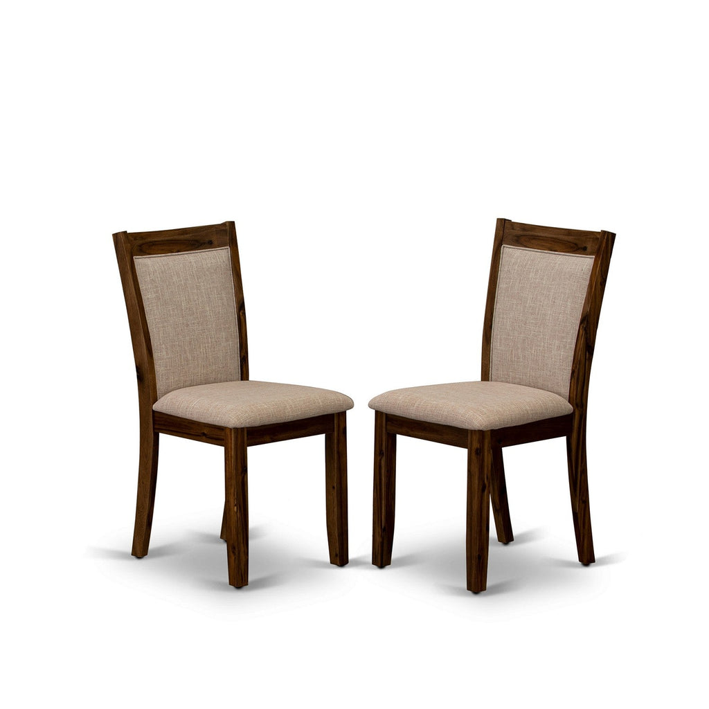 East West Furniture DMMZ3-AWN-04 3 Piece Dining Room Table Set  Contains a Round Dining Table with Dropleaf and 2 Light Tan Linen Fabric Upholstered Chairs