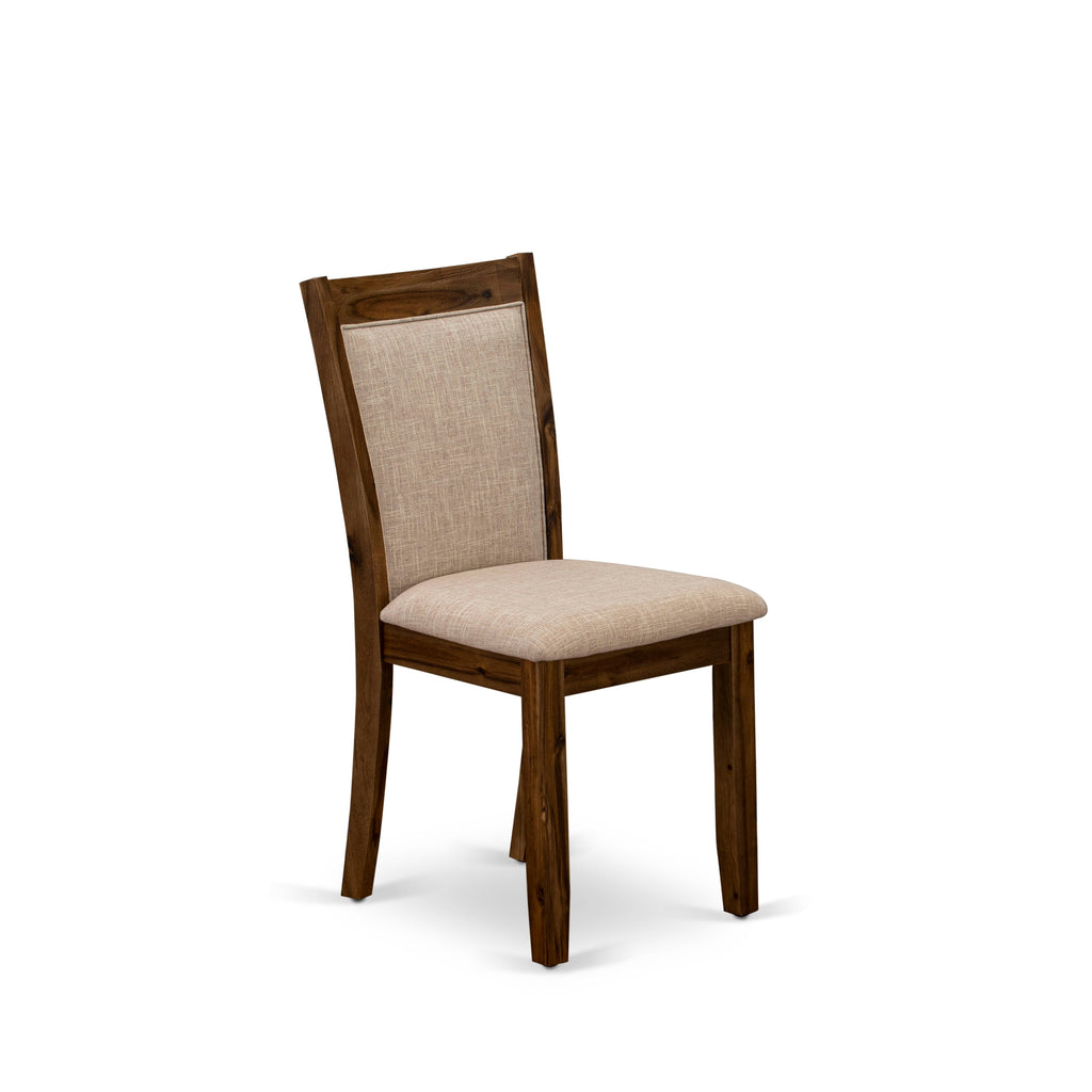 Juego de mesa y sillas de cocina de 7 piezas East West Furniture I2MZ7-N04. Incluye una mesa de comedor redonda con pedestal y 6 sillas Parson de tela de lino color tostado claro.