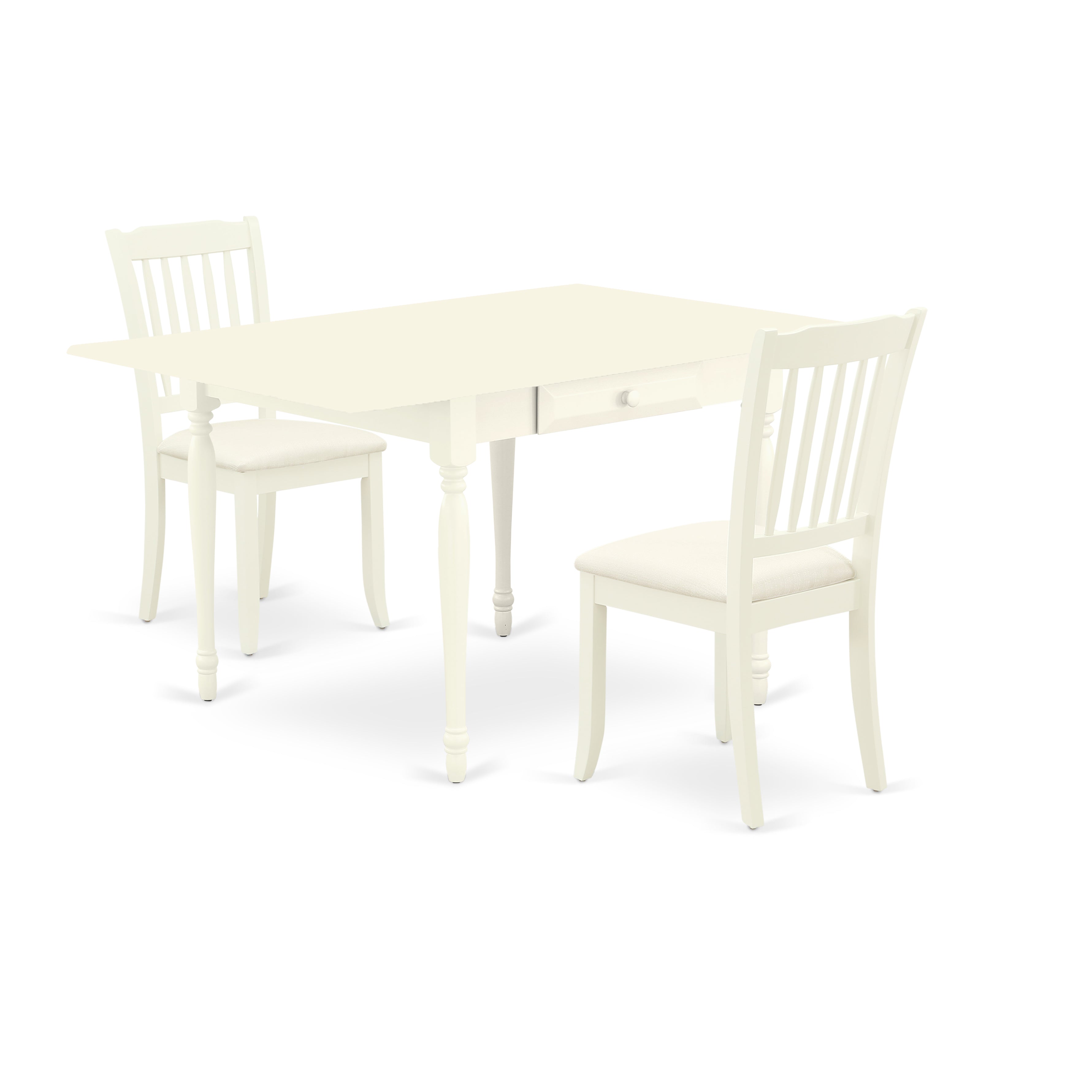 Juego de mesa de comedor de 3 piezas East West Furniture MZDA3-LWH-C. Incluye una mesa de cocina rectangular con alas abatibles y dos sillas de comedor tapizadas en tela de lino.